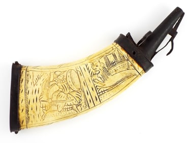 17th C. German Wheelock Powder Flask With Engravings