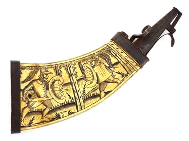 17th C. German Wheelock Powder Flask With Engravings