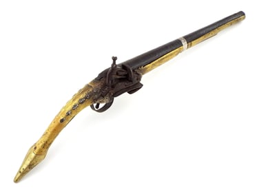 Ottoman Balkan Engraved Brass Rat Tail Miquelet Flintlock Pistol