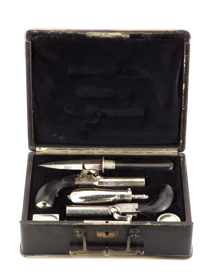 Very Unique Victorian Cased Set Of Pistols With Ebony Handles Damascus Barrels (1 of 20)