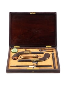 Cased Set Of Percussion Pistols With Beautiful Horn Handled Dirk