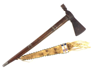 Early Woodland Pewter Inlaid Haft And Hand Forged Iron Head Tomahawk