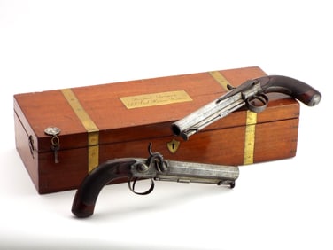 19th C. London Cased Pair of Joseph Lang Percussion Pistols Belonging to Patrick Heron Watson