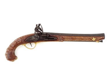 FINE Balkan Flintlock Pistol, Brass Mounts Damascus Barrel