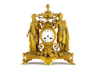 Antique Large Gilt And Patinated Bronze Mantle Clock