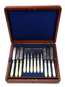 Antique Boxed Engraved Dessert Forks & Knives