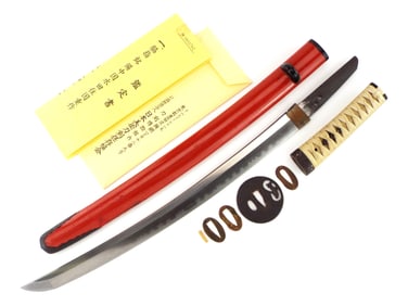 Wide Wakizashi Red Signed BICCHUNOKUNI MIZUTAJU KUNISHIGE SAKU Bicchunokuni Mizuta School NBTHK