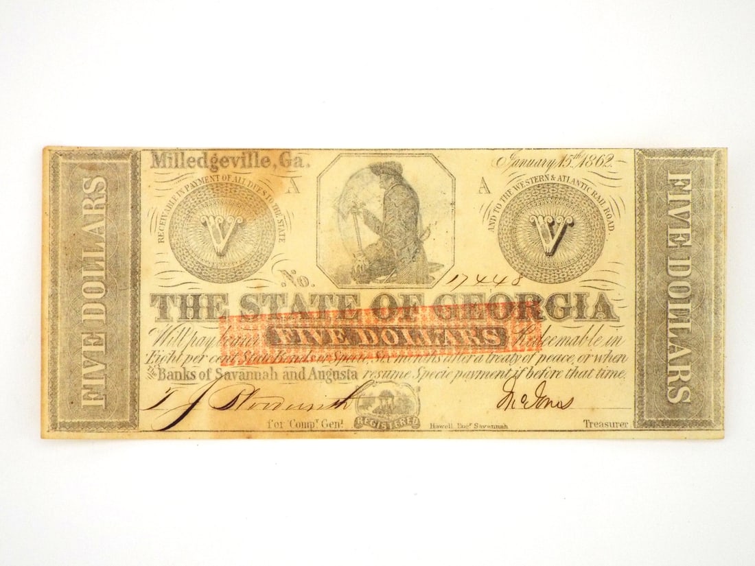 1862 Five Dollar Obsolete Bank Note issued by the State of Georgia in Milledgeville (1 of 11)
