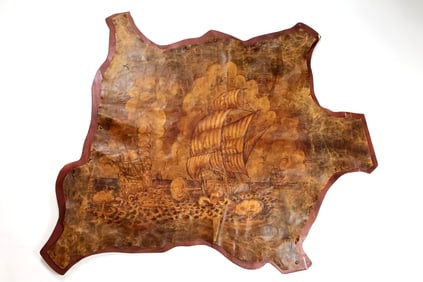 Large Piece of Tanned Leather, Hand-Painted Depicting A Naval Battle.