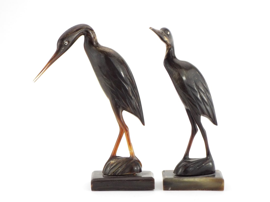 Pair Vintage Crane Beautiful Horn Carved Crane Bird Figures. (1 of 6)