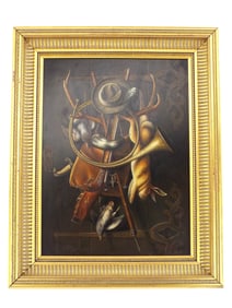 Beautiful German Oil Painting Of Dead Game And Hunting Gear