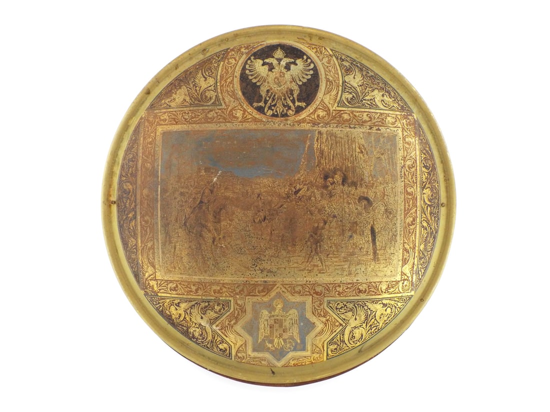 HUGE Antique Spanish Damascene Plate or Shield Bearing The Toledo Coat Of Arms: Attached to heavy wood for display