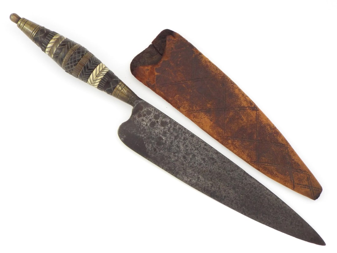Rare 18th C. Spanish Canary Island Knife: handle decorated with intricate patterns with various materials Full Length 9 Inches Blade Length 5 Inches