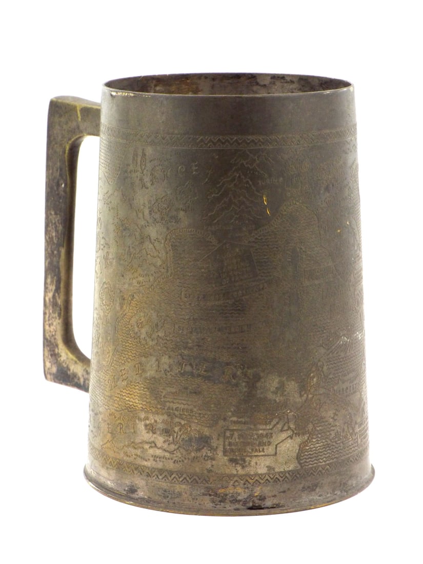 Heavily Decorated Brass Mug Made from WWII Battlefield Pick Ups: Heavily Decorated Brass Mug Made from WWII Battlefield Pick Ups Full Length 5 Inches