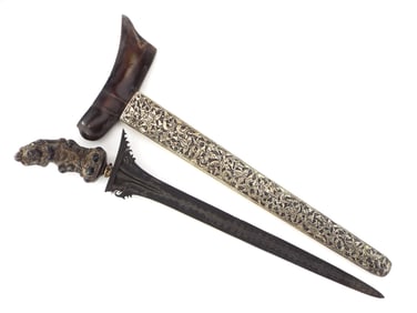 Antique LARGE Indonesian Malaysian Damascus KRIS Dagger Silver Mounts