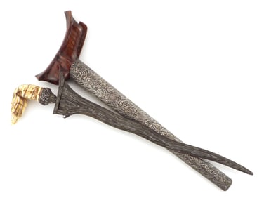 Antique Asian Indonesian Malaysian Damascus KRIS Dagger, FINE Carved Handle.