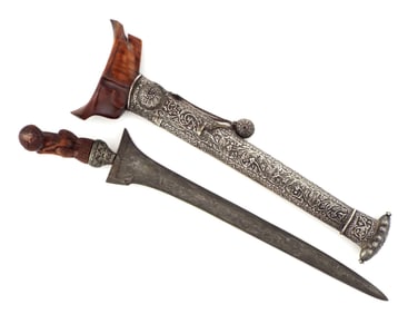 Antique Indonesian Malaysian Damascus KRIS Dagger Silver Mounts