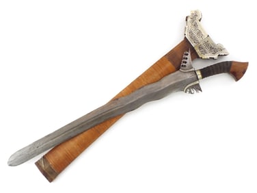 Antique Philippine Moro Warrior Silver Mounted KRIS Sword Massive DAMASCUS Blade