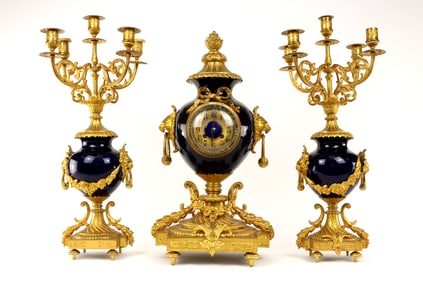French 19th C. In Louis XV Style 3 Piece Gilt Bronze Mounted Clock Garniture