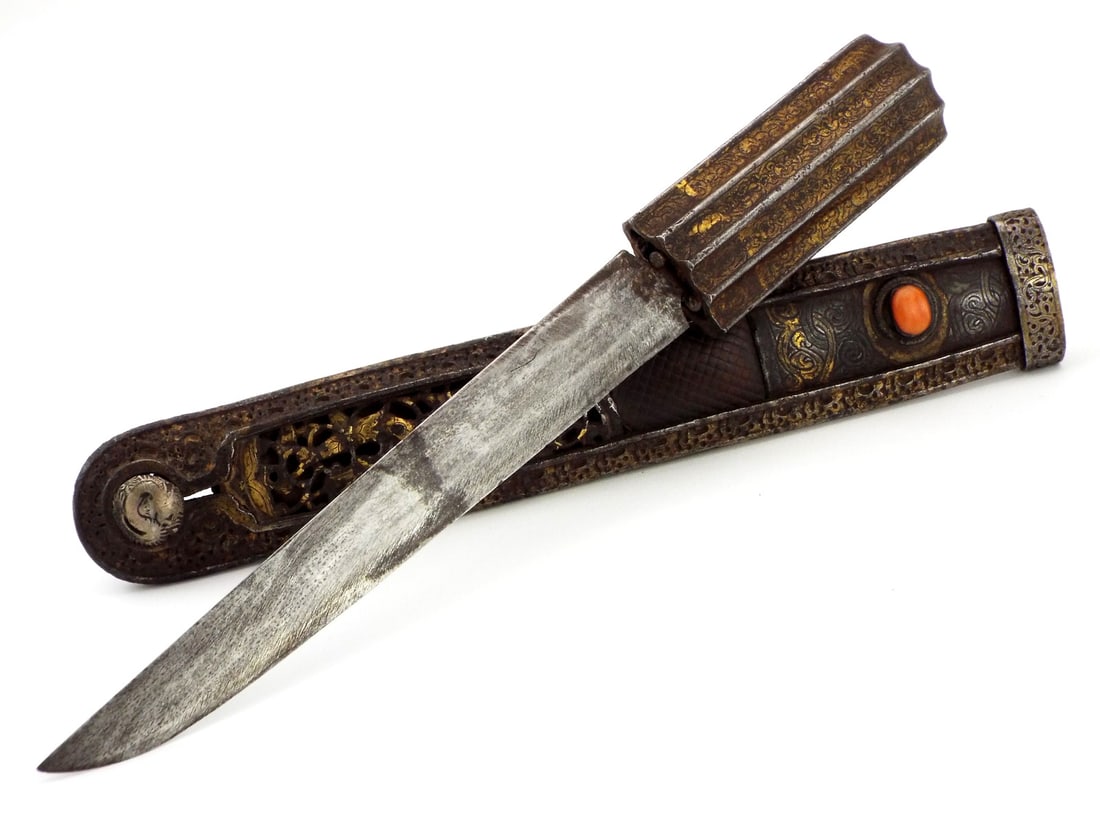 Beautiful 18th C. Tibetan or Mongolian Knife, GILDED IRON Mounts with Coral Cabochon (1 of 20)