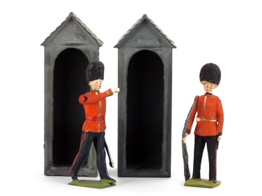 Lot of 2 Early 20th C. Britains Metal Cast Toy Soldiers in Sentry Boxes