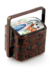 Chinese Wooden Lacquer and Porcelain Shard Storage Wedding Box