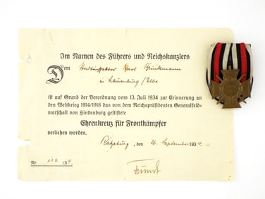 WWI German Hindenburg Cross & Certificate