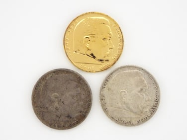 German WWII Set of Three 2 Mark Silver/Gold Plated Coins Dated 1937/1939