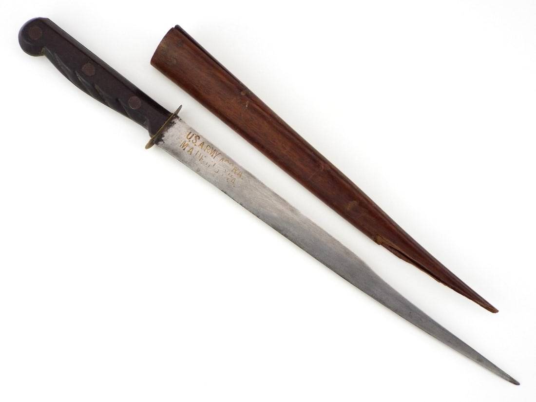 WWII US Army Philippines Souvenir Knife: WWII US Army Philippines Souvenir Knife. Single edged blade marked “U.S. ARMY” and unreadable maker name beneath gilded highlights. Tang sandwiched between dark hardwood grips secured by three