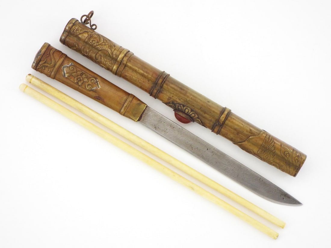 Antique 19th C. Chinese TROUSSE Traveling Knife and Chopsticks: Antique 19th C. Chinese TROUSSE Traveling Knife and Chopsticks. Full Length 12.5 Inches Blade Length 6 Inches
