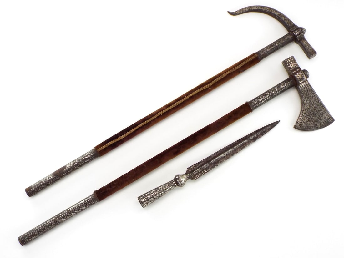 Rare Indo Persian Mughal Islamic Engraved Silver Set Spear Head, Battle Axe And Warhammer: Rare Indo Persian Mughal Islamic Engraved Silver Set Spear Head, Battle Axe And Warhammer. Full Length 25 Inches Blade Length 4 Inches