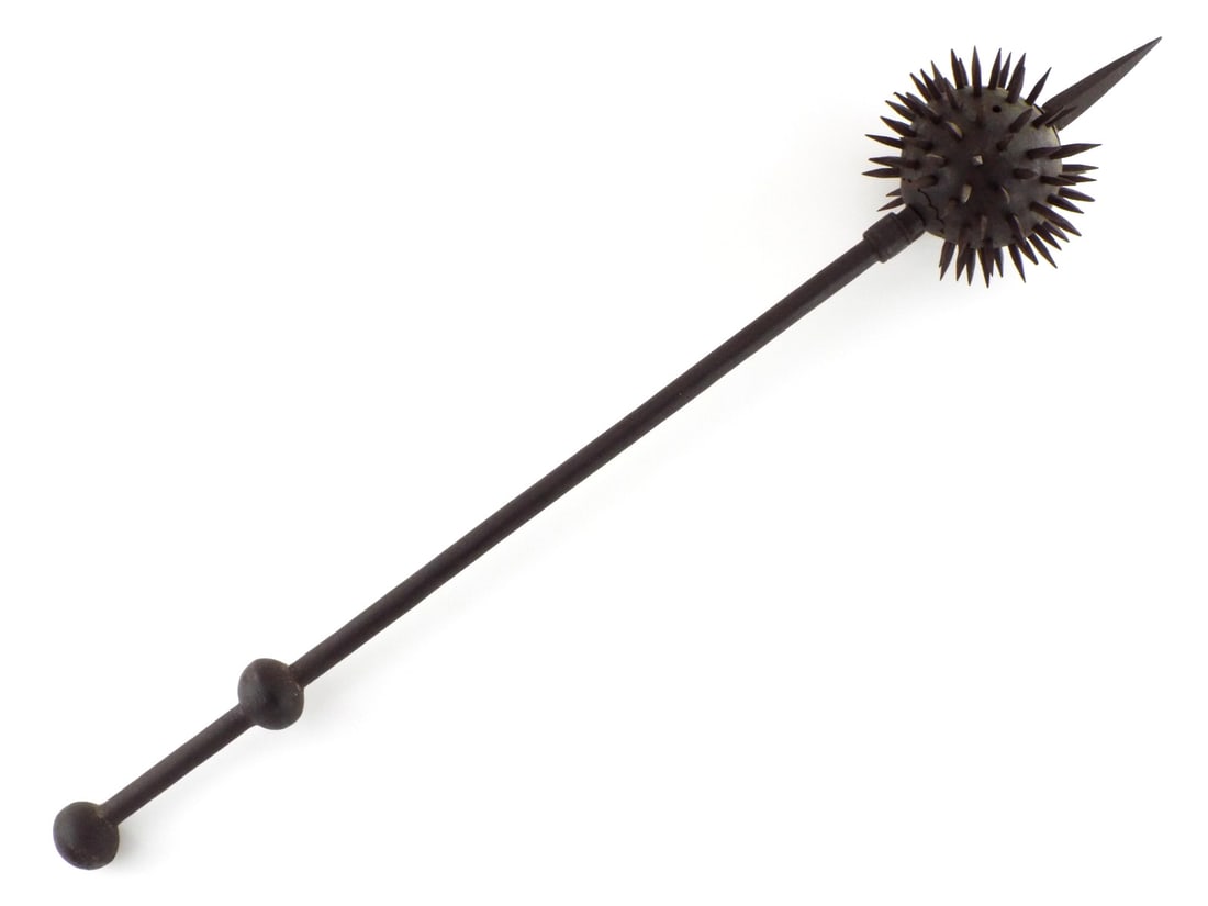 17th-18th C. Indian Steel Spiked Gurz MACE: All steel Indian spiked Gurz mace. Heavy spherical head densely set with long pyramidal sharp spikes surrounding a central spear point. Solid overall with dark grey patina from honest age. A
