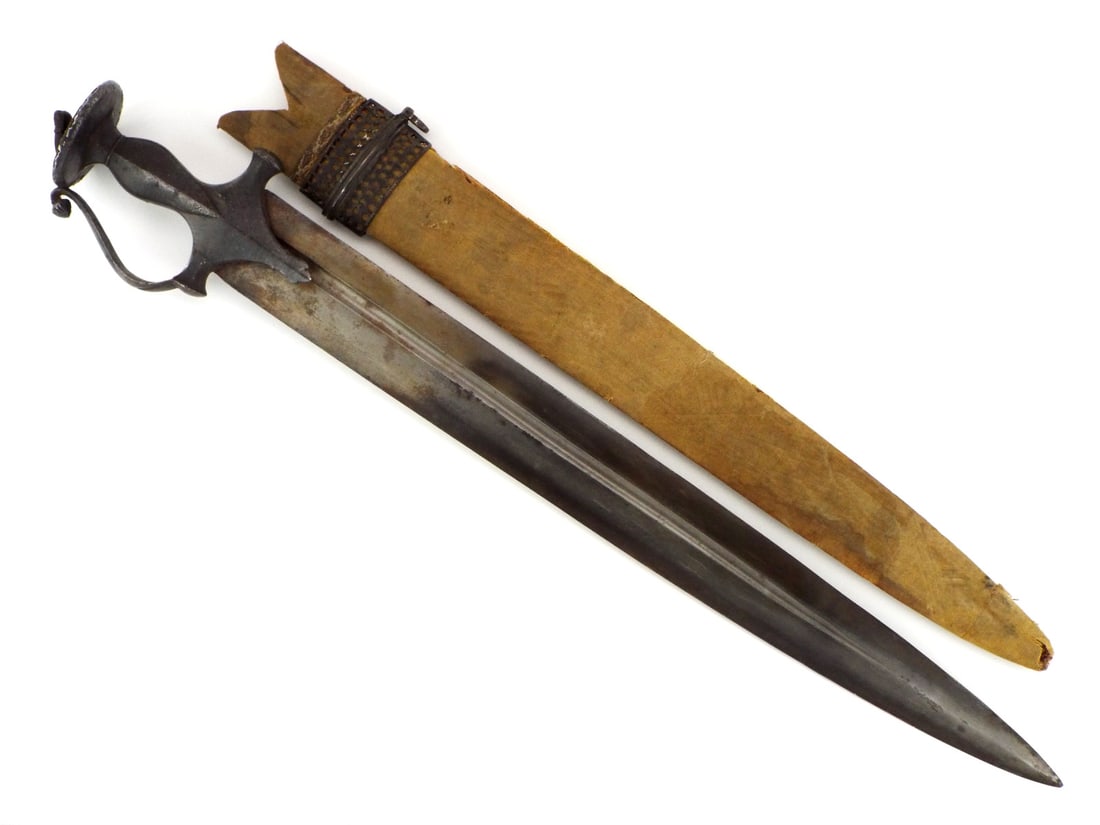 Early Silver Coated Iron Tulwar Hilt On A Large Persian Qama Blade With Altered Scabbard: Early Silver Coated Iron Tulwar Hilt On A Large Persian Qama Blade With Altered Scabbard. Broad, convex shaped blade exhibiting dark patina with spotting, rising to a robust all steel hilt with a