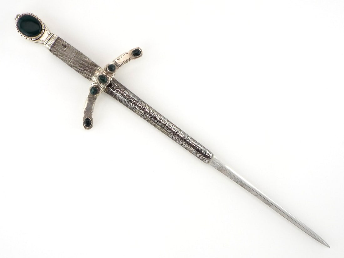 Fabulous French Silver & Gem Stones Mounted Left Hand Dagger: Profusely Etched & Gold Gilt Inscribed Blade to the First King of France. An Amazing and Elaborate Piece for a Noble or Even Royal Figure of Most Likely 17th C. era. Silver Hilt Mounts with Crowned Ha