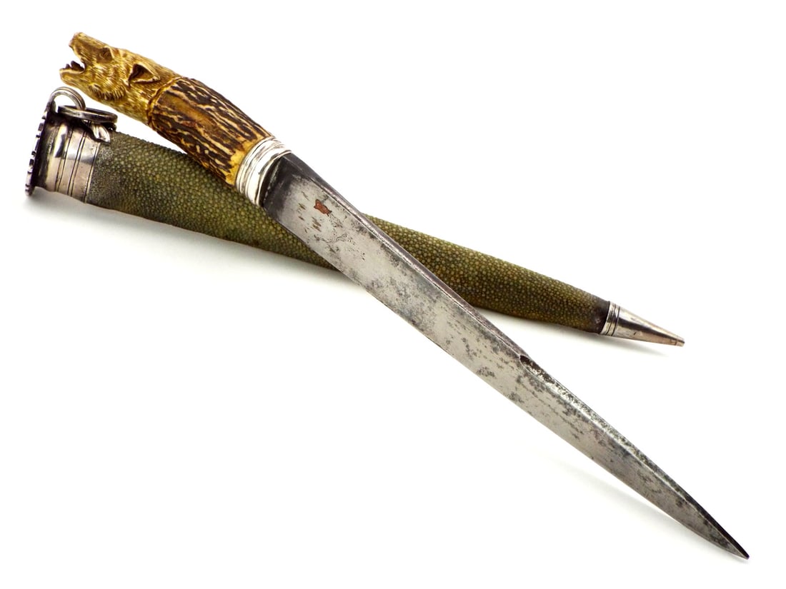 Exquisite 16th-17th C. German Aristocrat Hunting Dagger Knife with Carved Stag Wolf Pommel Grip &: Exquisite 16th-17th C. German Aristocrat Hunting Dagger Knife with Carved Stag Wolf Pommel Grip & Silver Mounts. Blade with Gold Inlaid Maker Mark, Fabulous Dyed Green Stingray Skin Scabbard, Mounted
