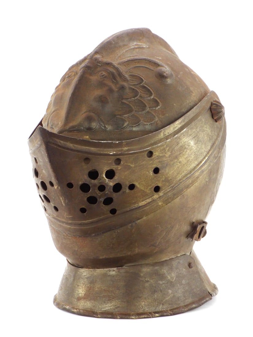 Very well made Victorian embossed knight's helmet: Embossed Mythical Creature above visor. Riveted together like the originals. Height 12