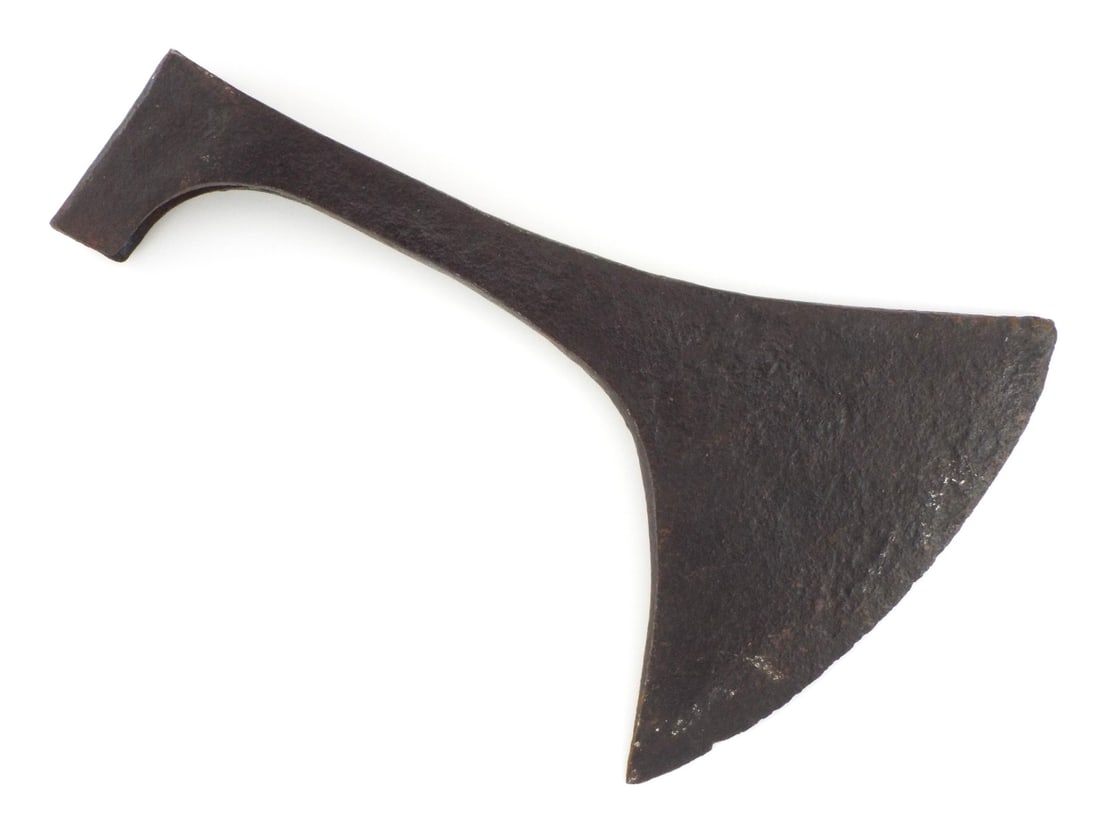 Massive Renaissance German Executioner Axe: Rare and stupendous German grim renaissance justice executioner's axe head. Presenting a broad crescent blade under heavy patina. Forged iron body with flared cutting edge and rectangular eye remain s