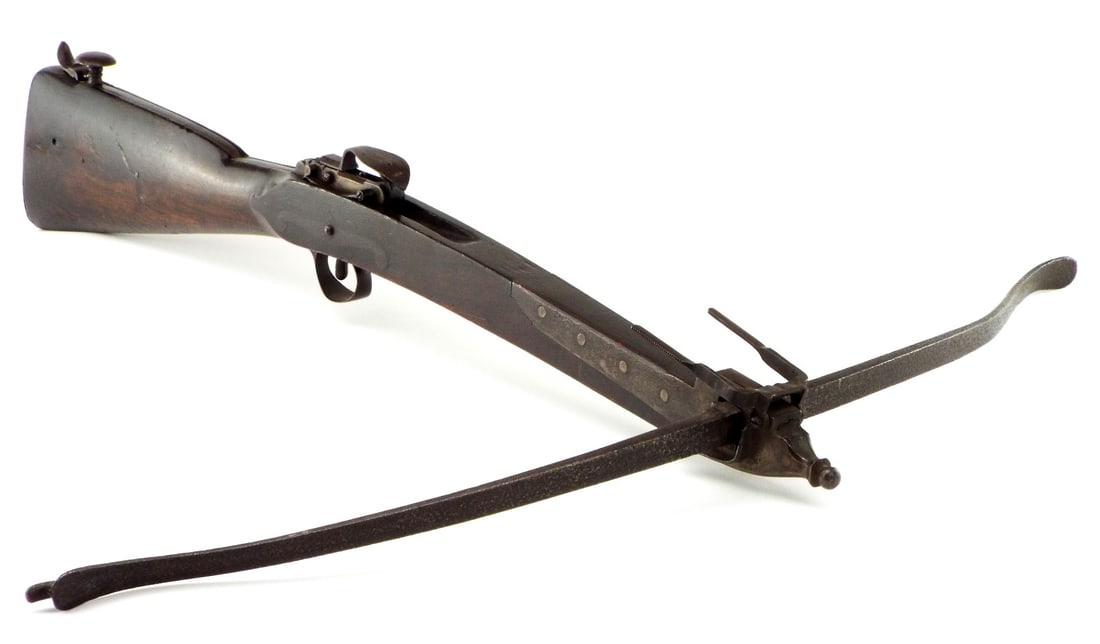 Antique 18th C. English Crossbow by William Barker of Wigan, circa 1765: Antique 18th C. English Crossbow by William Barker of Wigan, circa 1765. Full Length 31 Inches Bow 30 Inches Wide