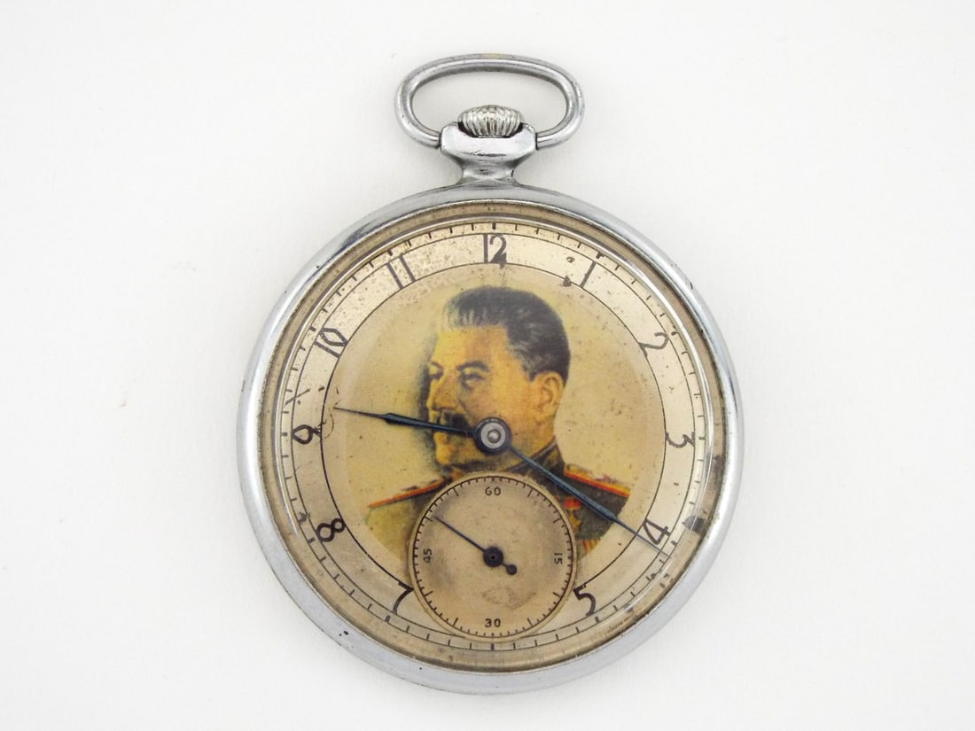 Precision Soviet MOLNIJA Pocket Watch Stalin Portrait: Superb Soviet Molnija pocket watch from the Chelyabinsk Factory commemorates the Great Patriotic War through its imposing dial portrait of Generalissimo Stalin in uniform, iron resolve now mellowed by