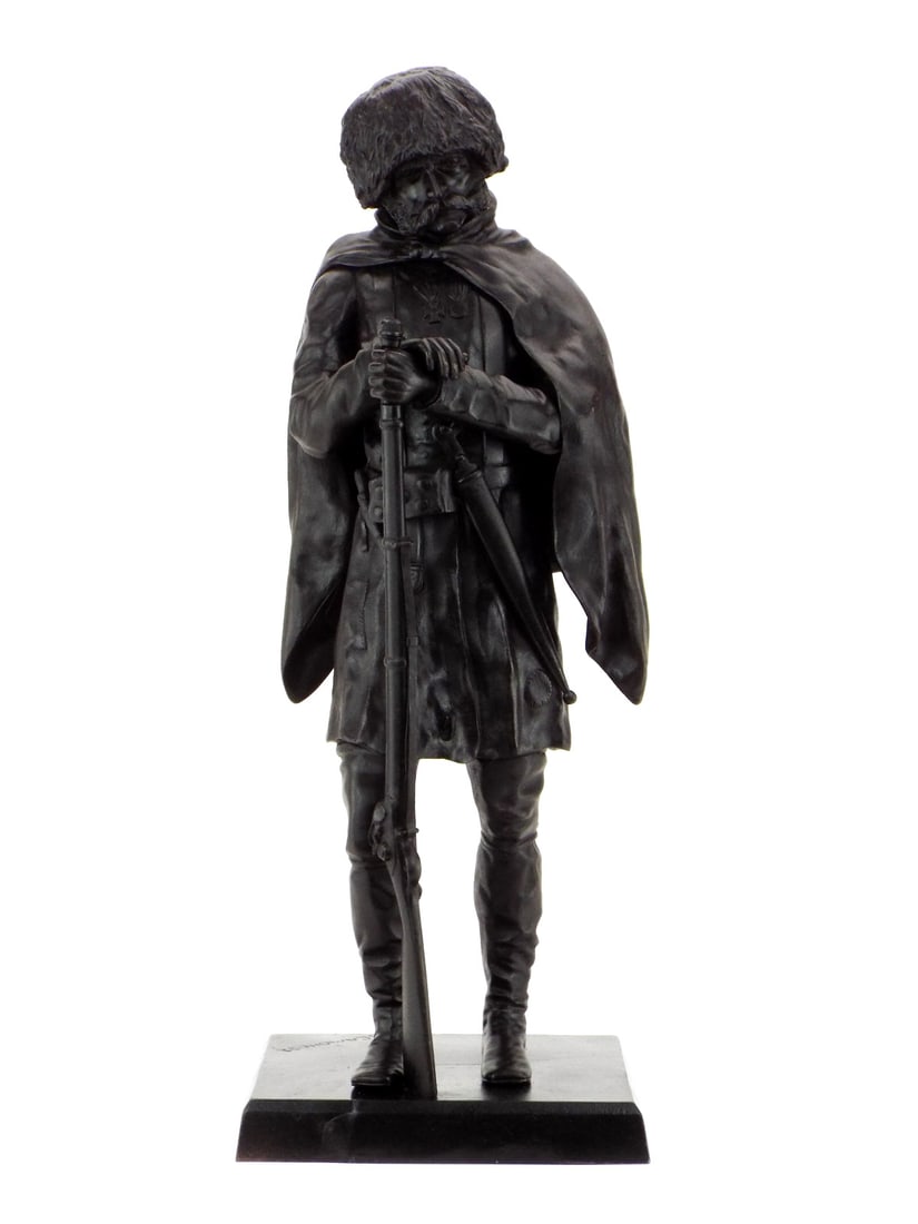Antique Russian Cossack Iron Cast Sculpture Dated 1905: Attractive Russian iron cast sculpture depicting a Cossack on guard in full kit dated 1905, signed by "B.CAMONORT" and marked under the plinth "KAC.3.1905 IN SAMOVAR". Captures every detail from papak
