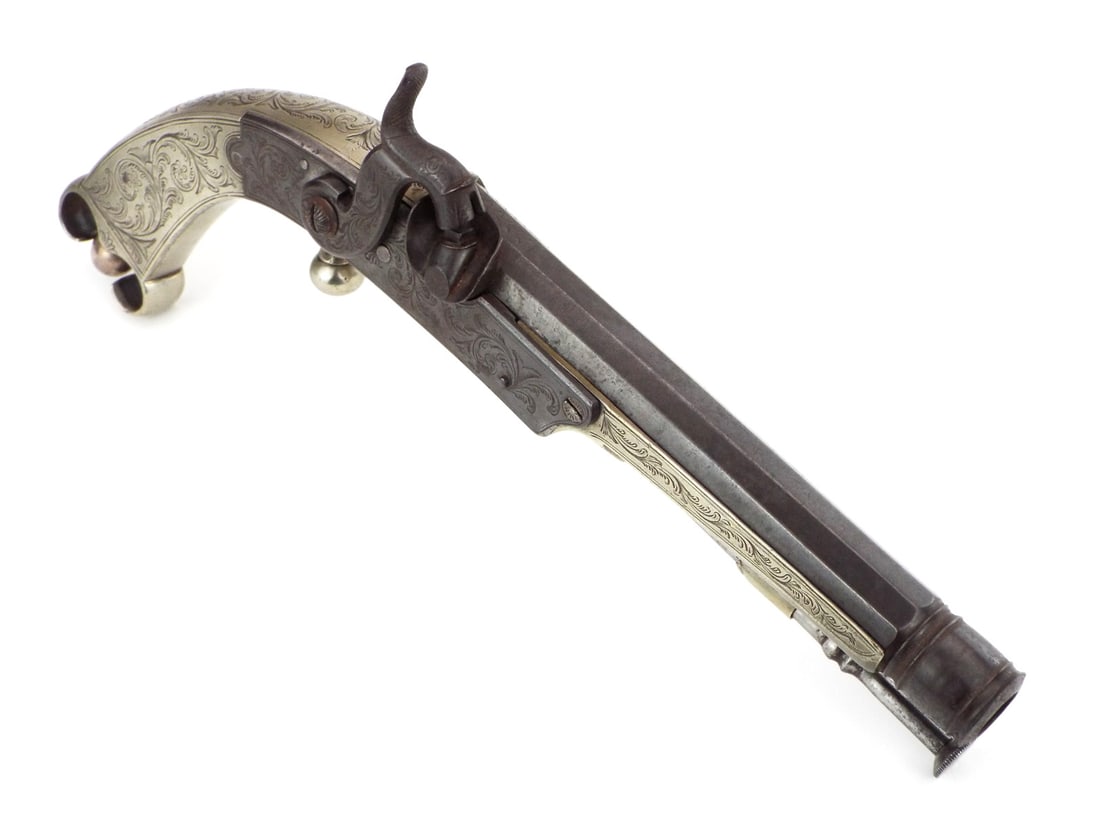 A Very Good 19th C. Scottish Officer's Percussion Pistol with Fine Engraved Silver Mounts and (1 of 20)
