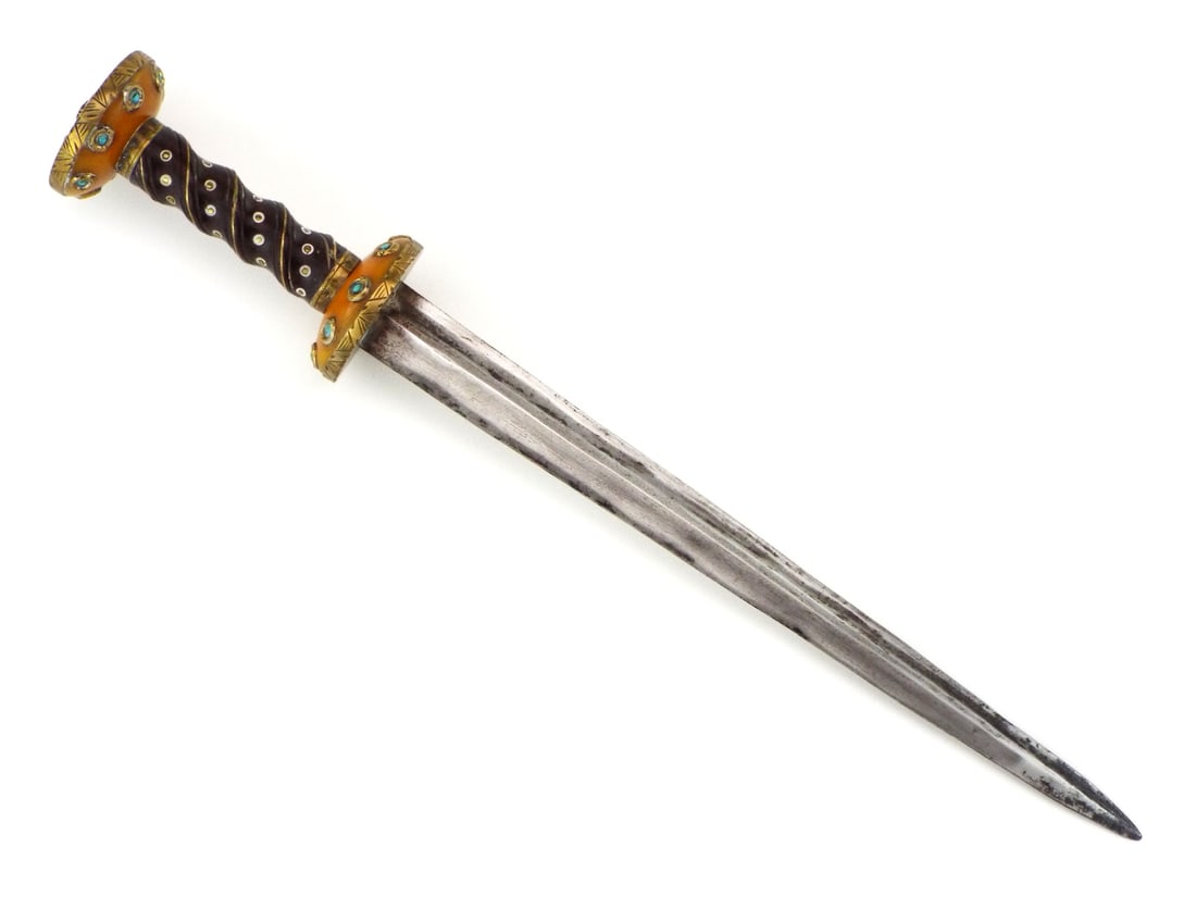 Fantastic Royal Quality German or English RONDEL Dagger with Fabulous Amber Guard & Pommel: Carved Horn & Inlaid Grip. All Brass Mounts Encrusted with Turquoise Stones & Finely Engraved. With its Strong Robust Diamond Section Thrusting Blade Bearing a 16th C. Maker Mark. Gorgeous Example Ove