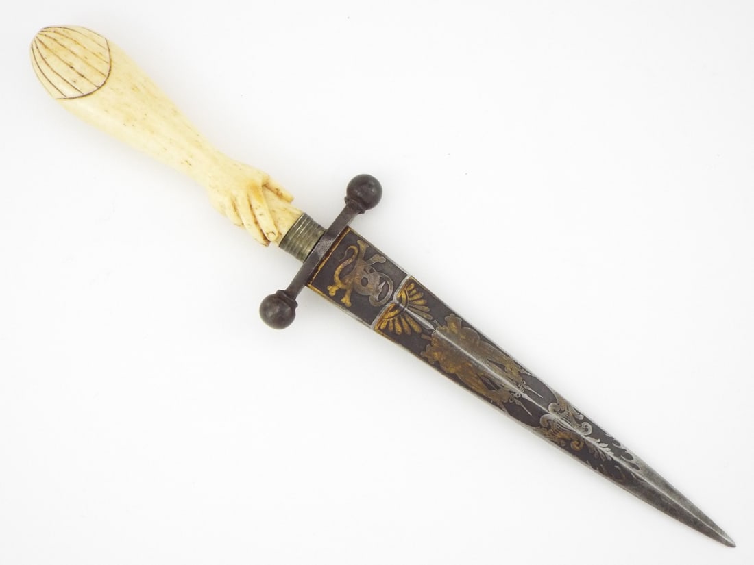 18th-19th C. Masonic Dirk WIth FINE Carved Handle, Gilded Blade: Late 18th to early 19th century Masonic dirk. Double edged diamond section blade featuring elaborate gilded engravings of symbolic motifs and etching beneath desirable patina. Fine carved bone handle