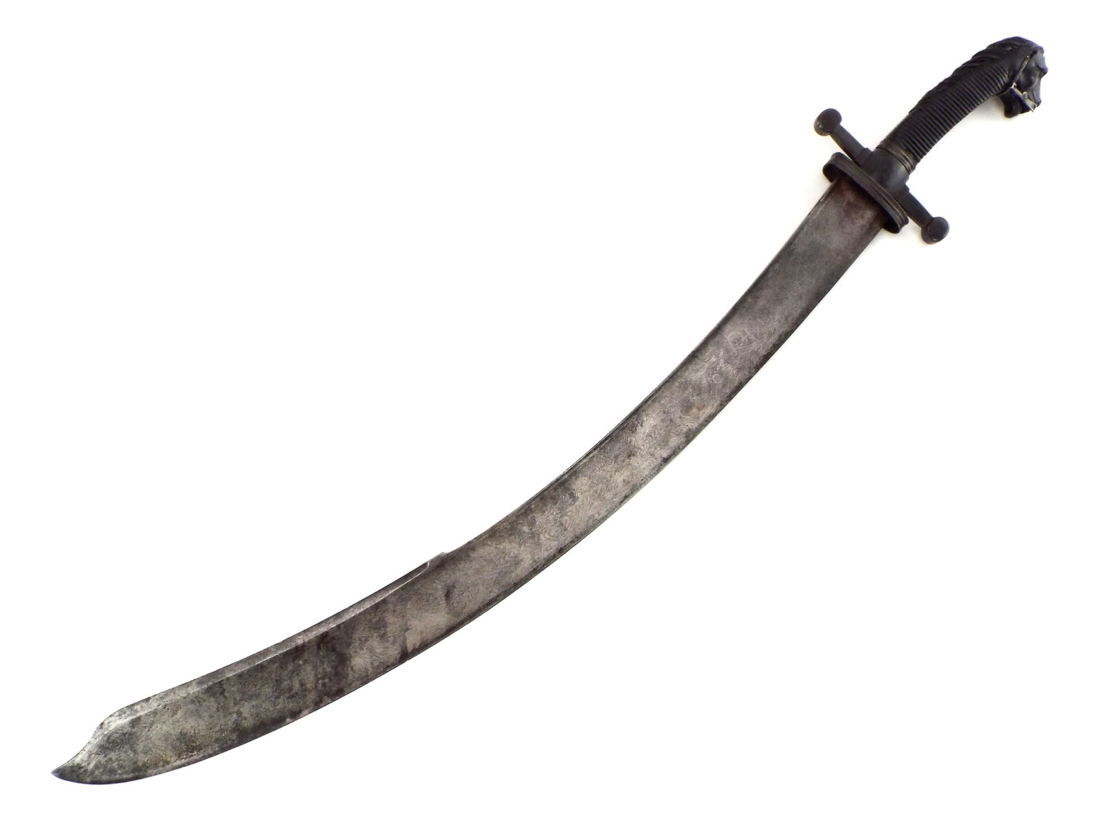 Incredibly Unusual British DAMASCUS Horse Head Sword: Very fine carvings to hilt. Some damage to horse pommel. Very interesting damascus pattern some writing and symbols on ricasso. Full Length 31 Inches Blade Length 24 Inches