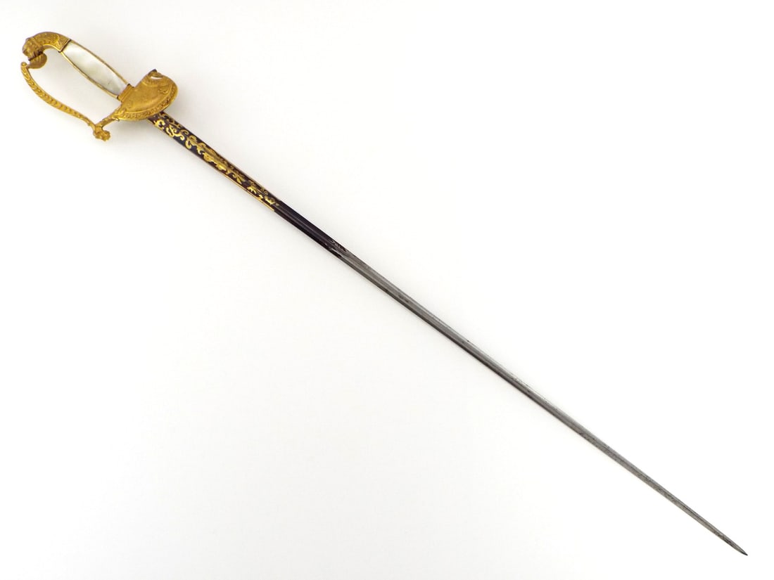 EARLY 19th C. SWEDISH Diplomat Sword MOP Handle: Attractive early 19th century Swedish Diplomat sword. Straight triangular blade with upper third blued and retaining vivid etched and gilded foliate scrolls against a deep royal blue ground. Gilt hilt