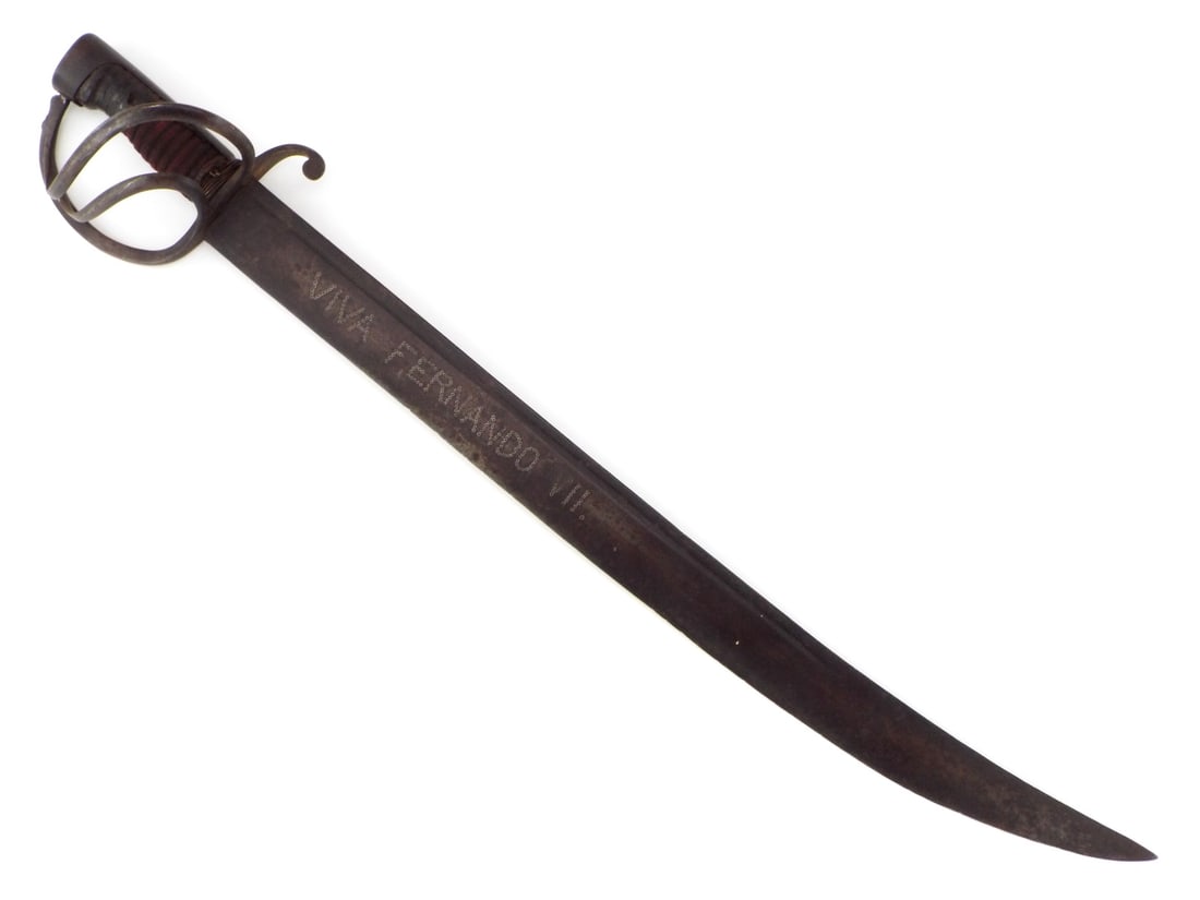 Mexican-American War era Huge Bowie Knife. Type Used by SOUTH in Civil War: Mexican-American War era Huge Bowie Knife. Type Used by SOUTH in Civil War, Broad single edged blade featuring narrow fuller and stamped “VIVA FERNANDO VII” inscription. The steel displaying r