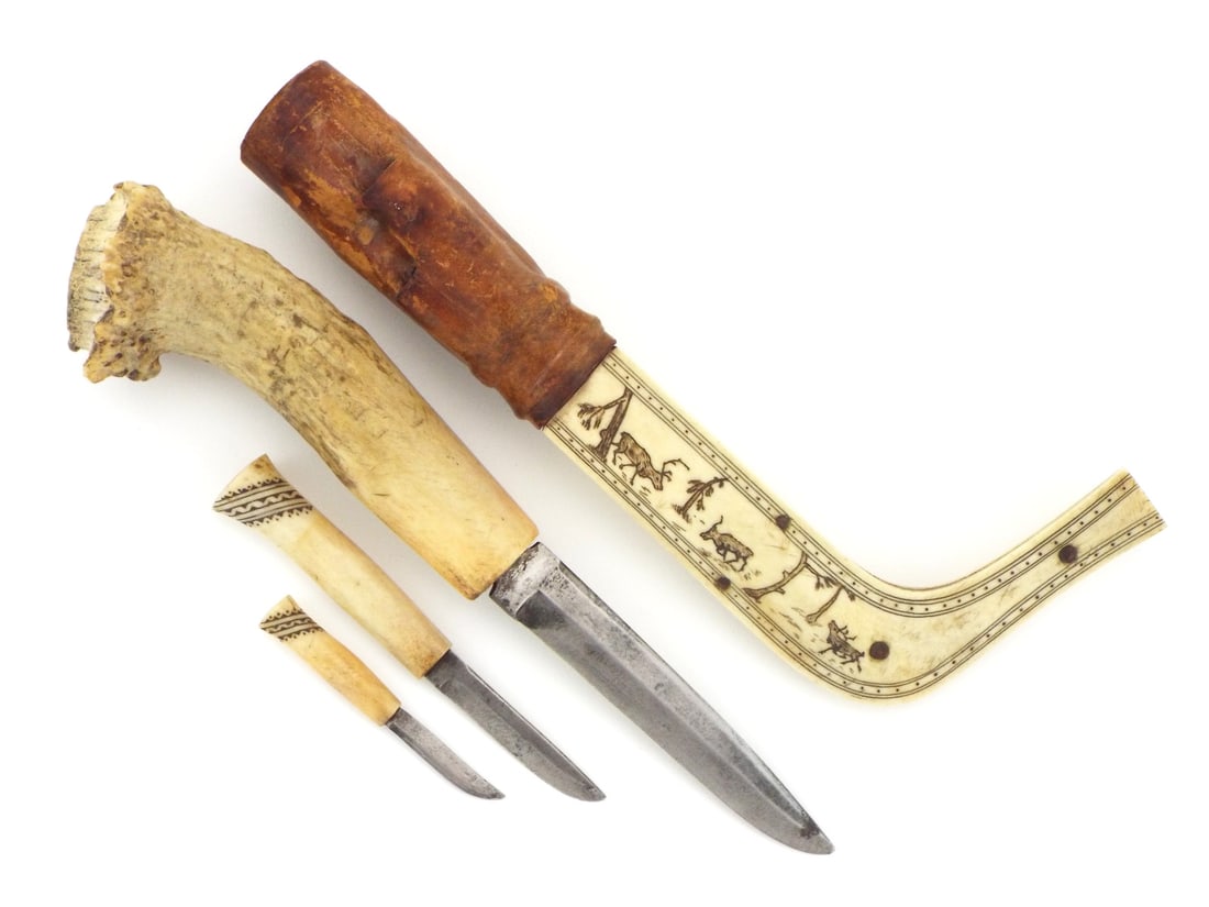 Exquisite Antique Scandinavian SAMI KNIFE FINE Bone Scabbard: Magnificent antique Sami knife featuring a curved FINE Bone scabbard exquisitely engraved with reindeer herding scenes across frozen tundra like whispers of ancient migrations, secured by brass rivets