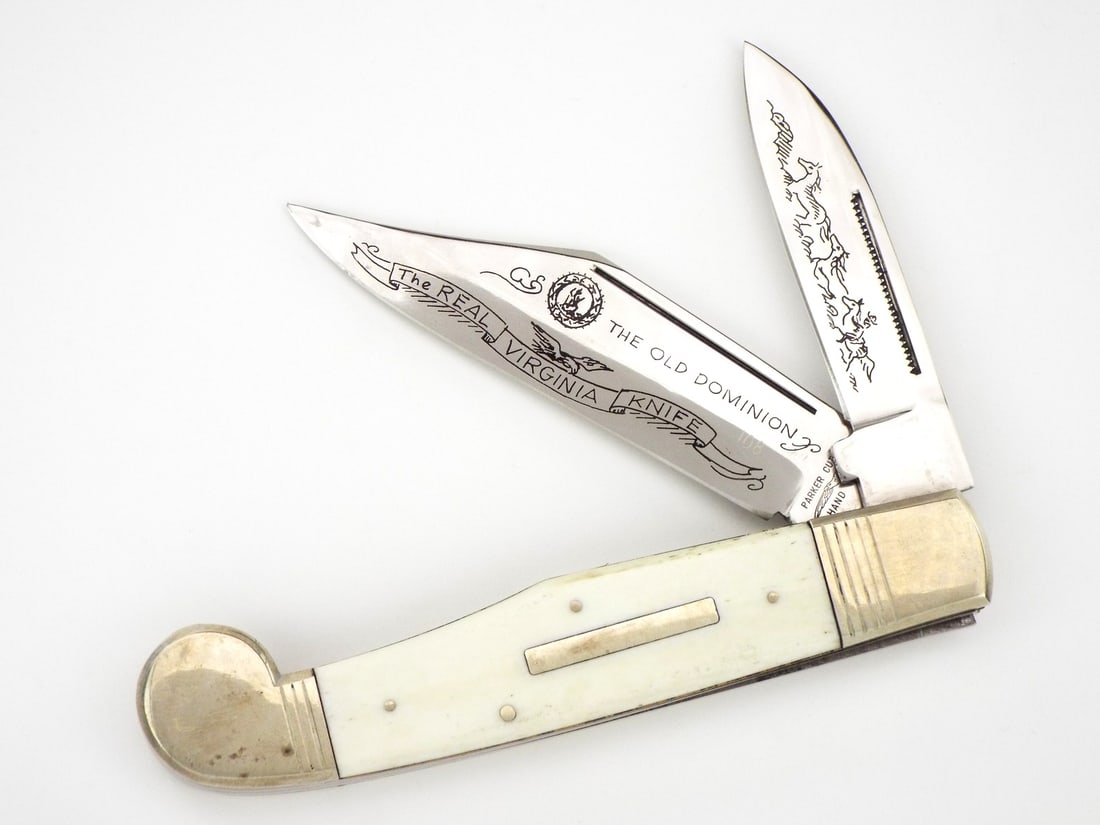 20th C. American "OLD DOMINION" LOCKBACK BOWIE: Awesome 20th C. American "The Old Dominion" lockback bowie folding hunter knife. Crafted in Japan by Parker Cutlery with surgical steel blades snapping tight. Genuine bone grips with brass liners. A c