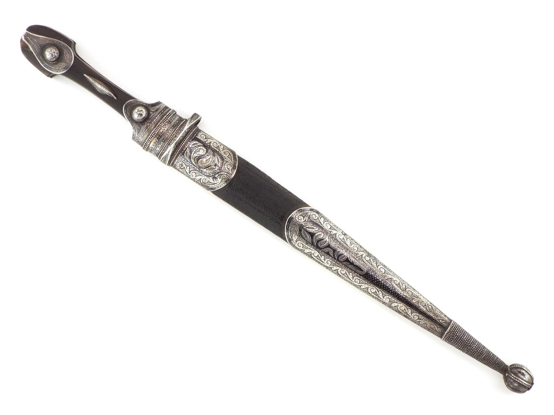 Superb Cherkasian 19th C. Caucasian ISLAMIC KINDJAL: Impressive early 19th C. Caucasian Islamic kindjal dagger still sending shivers down spines. Double edged blade with pointed tip and contoured fullers, Islamic inscriptions "Bismillah al-Rahman al-Rah