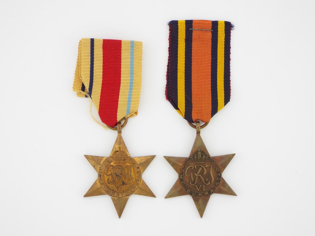 Exemplary WWII British Multi Theater Star Medal Pair: Knighthood worthy pair of British Commonwealth campaign stars, each zinc alloy form mellowed like desert brass seasoned by North African suns and Burmese monsoons, honors steadfast service during the